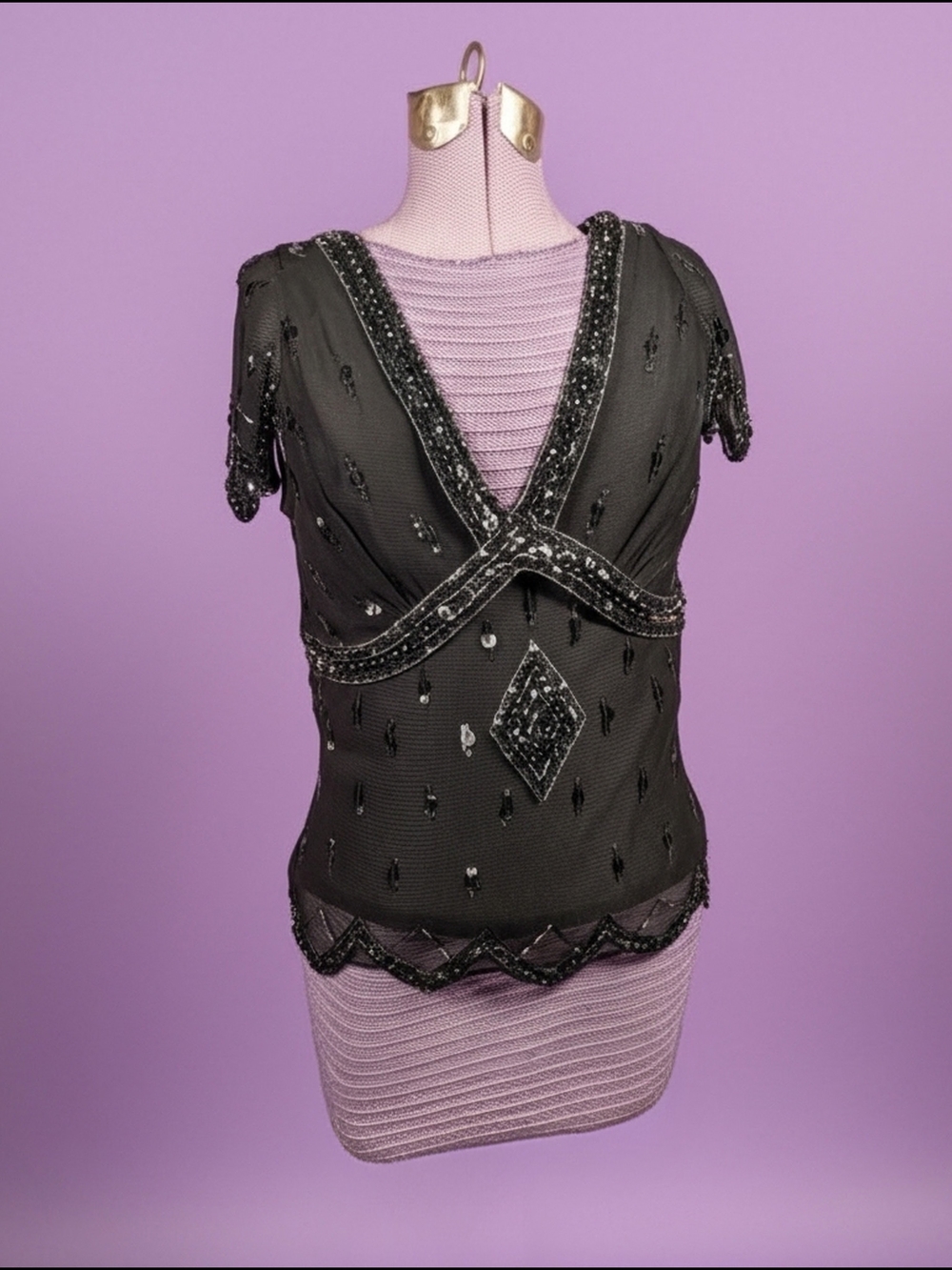 Papell Boutique Black Beaded V-Neck Top